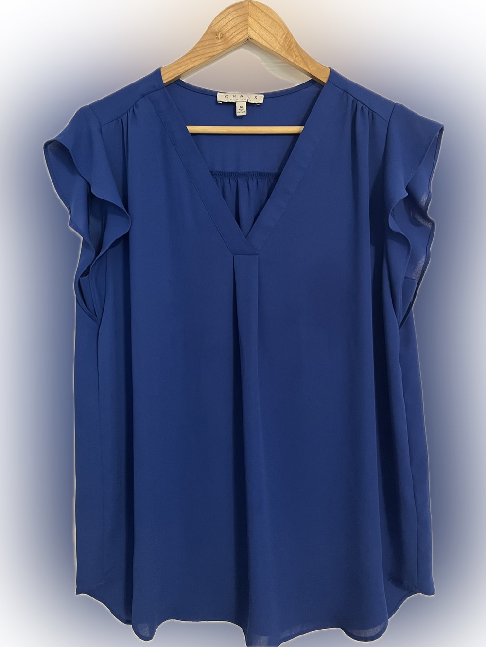 Chaus Blue V-Neck Flutter Sleeve Blouse